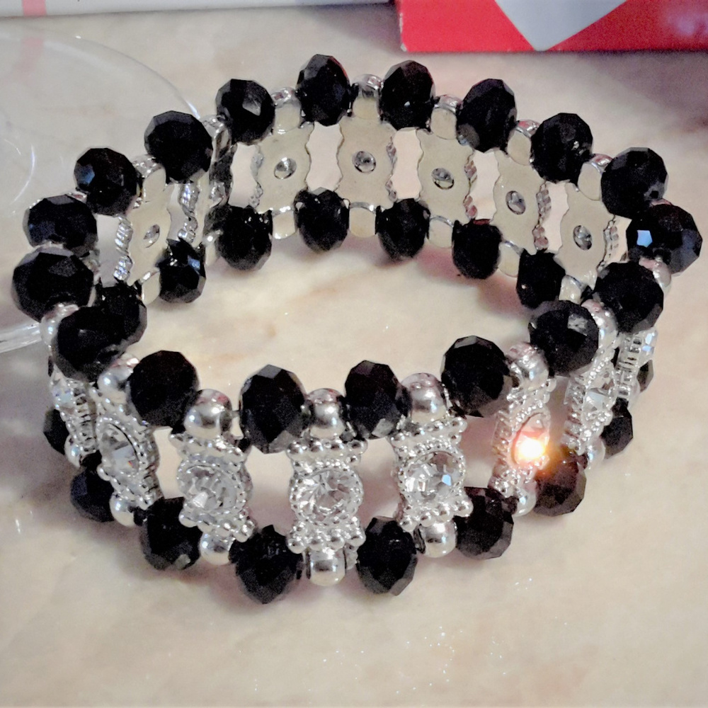 Black & Silver tone‎ Stretch Bracelet w Rhinestones